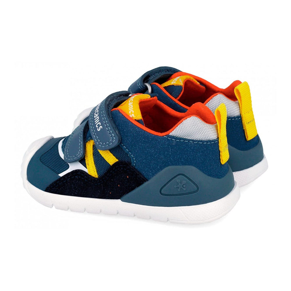 Blue children's sneakers with orange and yellow accents on a white background