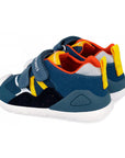 Blue children's sneakers with orange and yellow accents on a white background