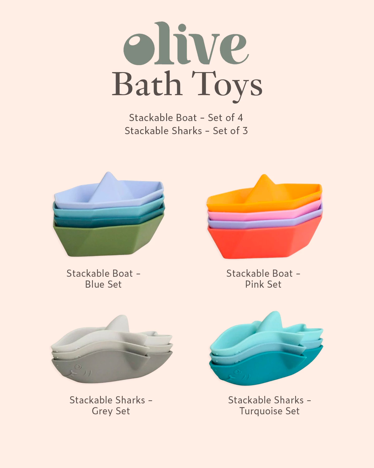 Olive Bath Toys with stackable boat and shark sets on a beige background