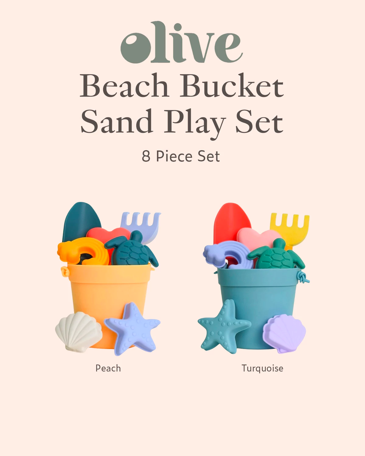 olive beach bucket sand play set - 8 piece set comes in peach and turquoise options 