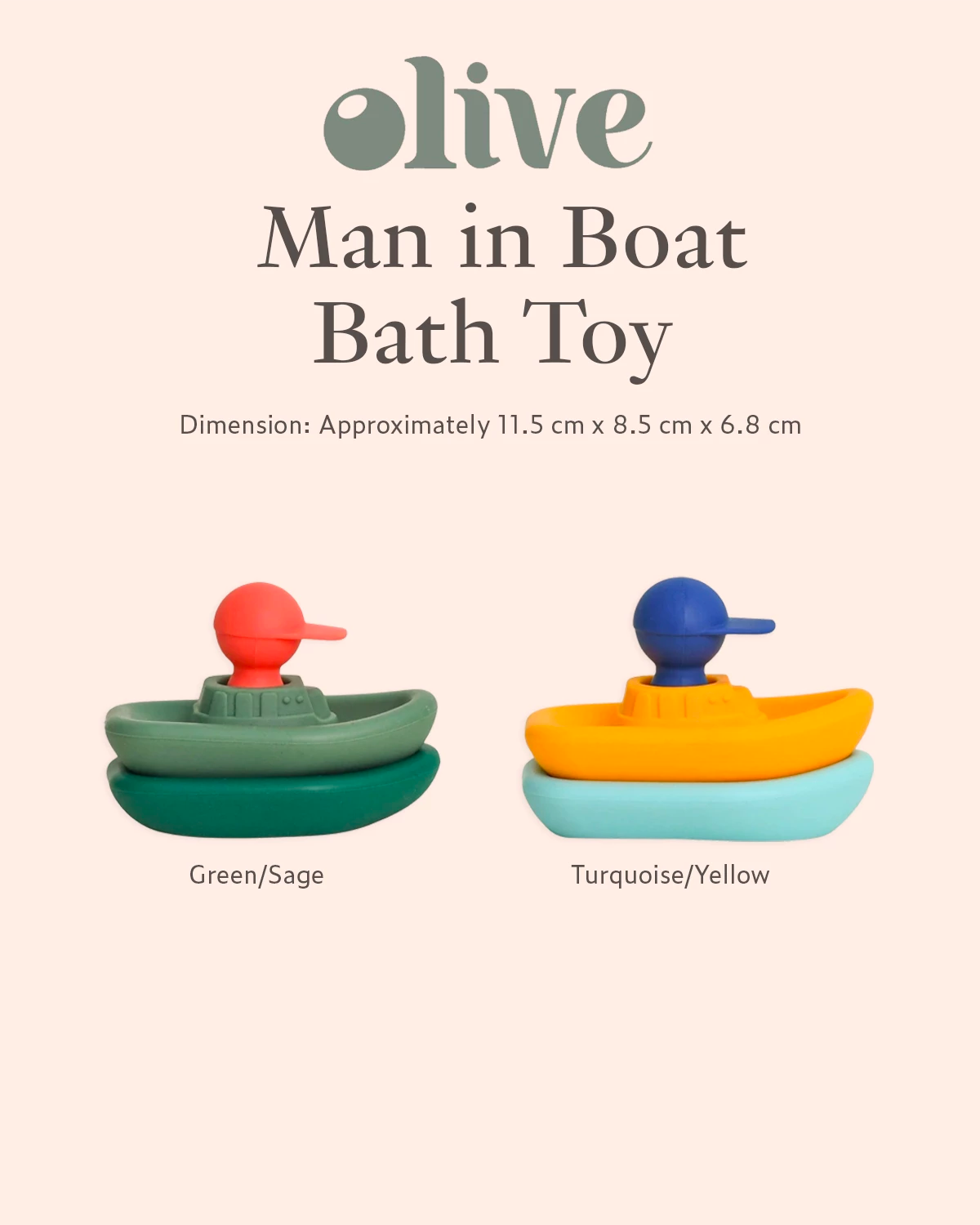 Olive Man In Boat Bath Toy in green/sage and turquoise/yellow 