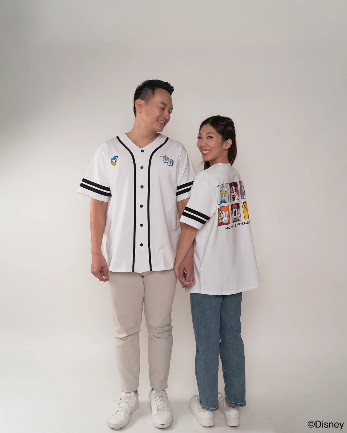 Two people wearing matching baseball tee - pop mickey and friends 