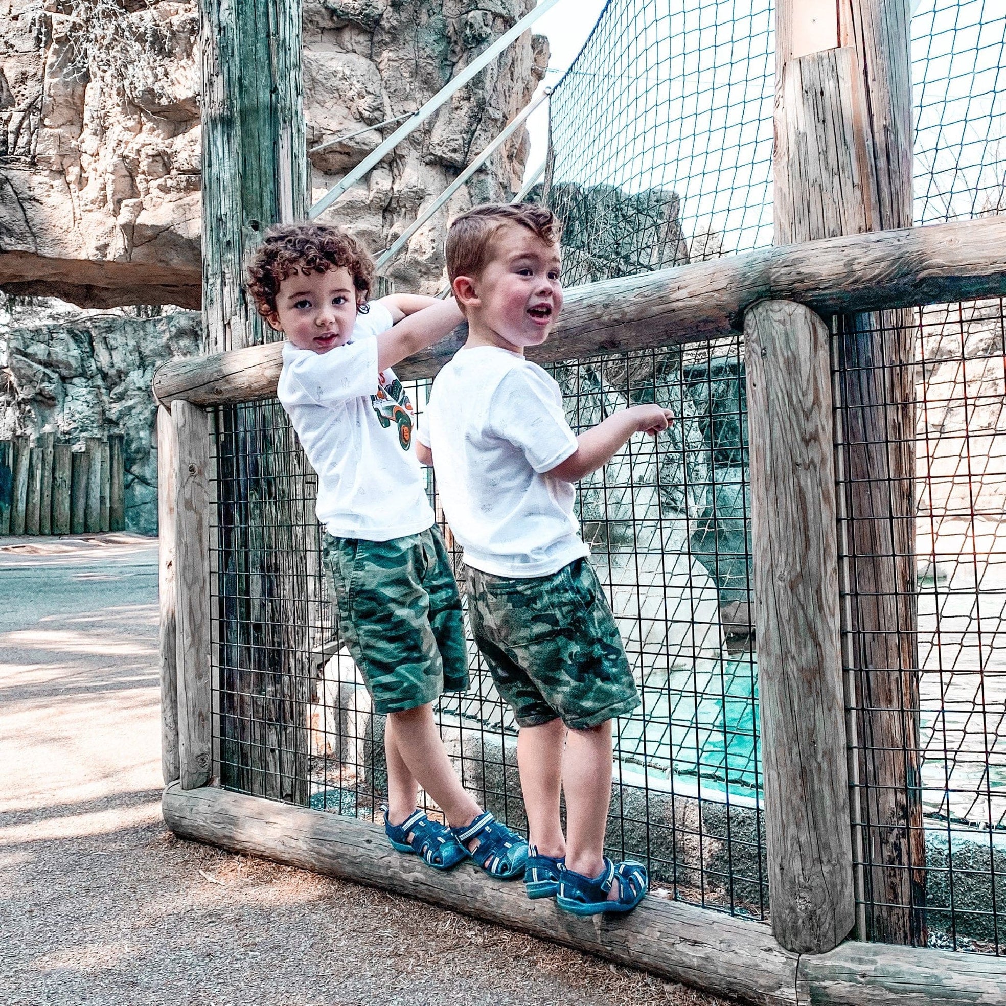Two boys wearing pediped shoes at a zoo exhibit