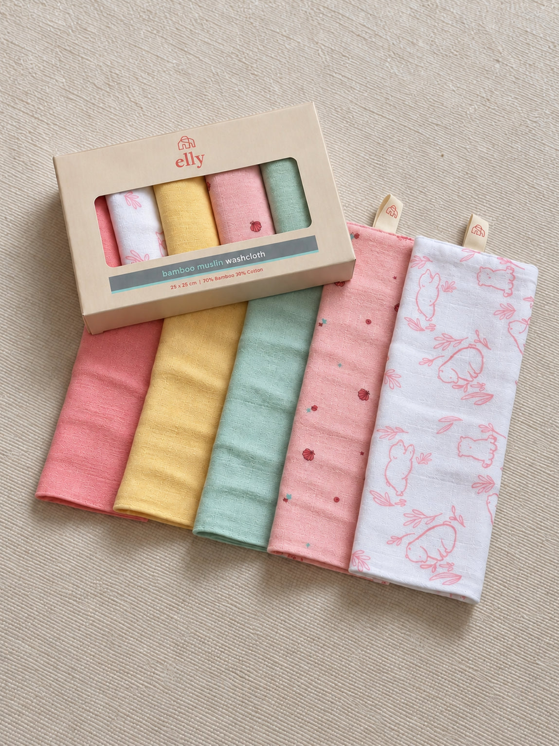 Bamboo Muslin Washcloth Set of 5 - Beary Pink