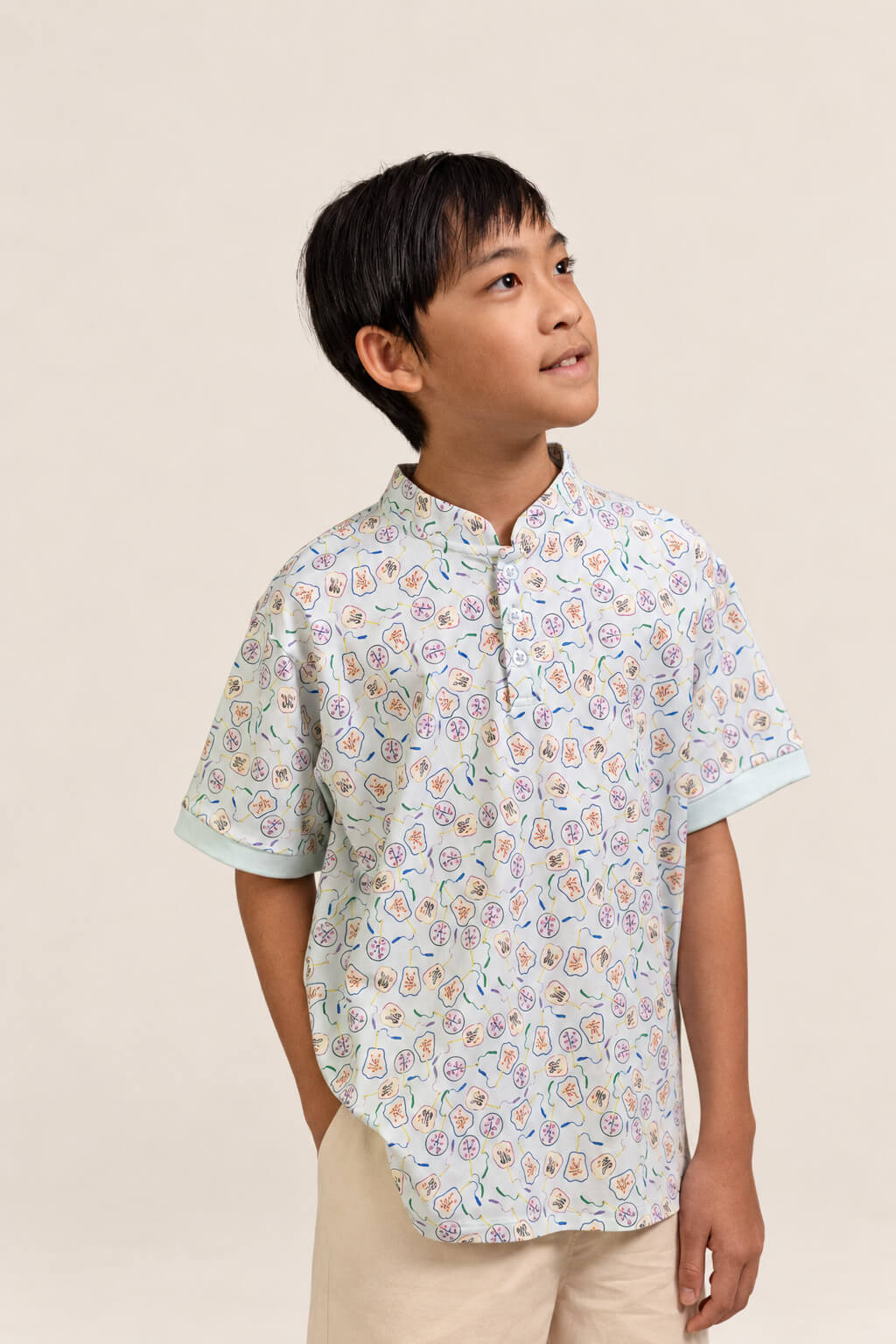 Mandarin-collared Polo Tee - Blue Fans