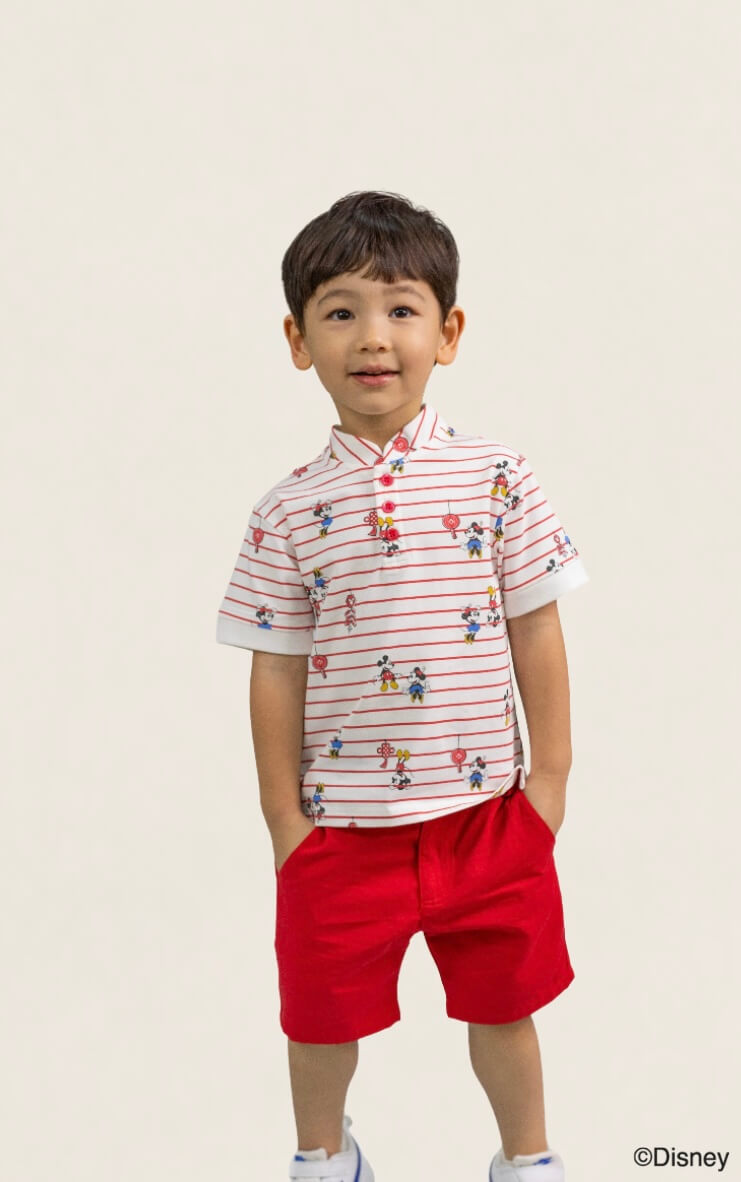 Mandarin-collared Polo Tee - Firecracker Mickey