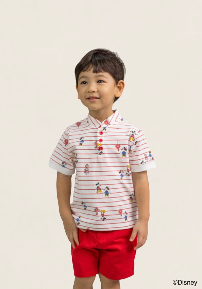 Mandarin-collared Polo Tee - Firecracker Mickey