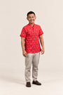Men's Mandarin-collared Polo Tee - Red Floral Bamboo