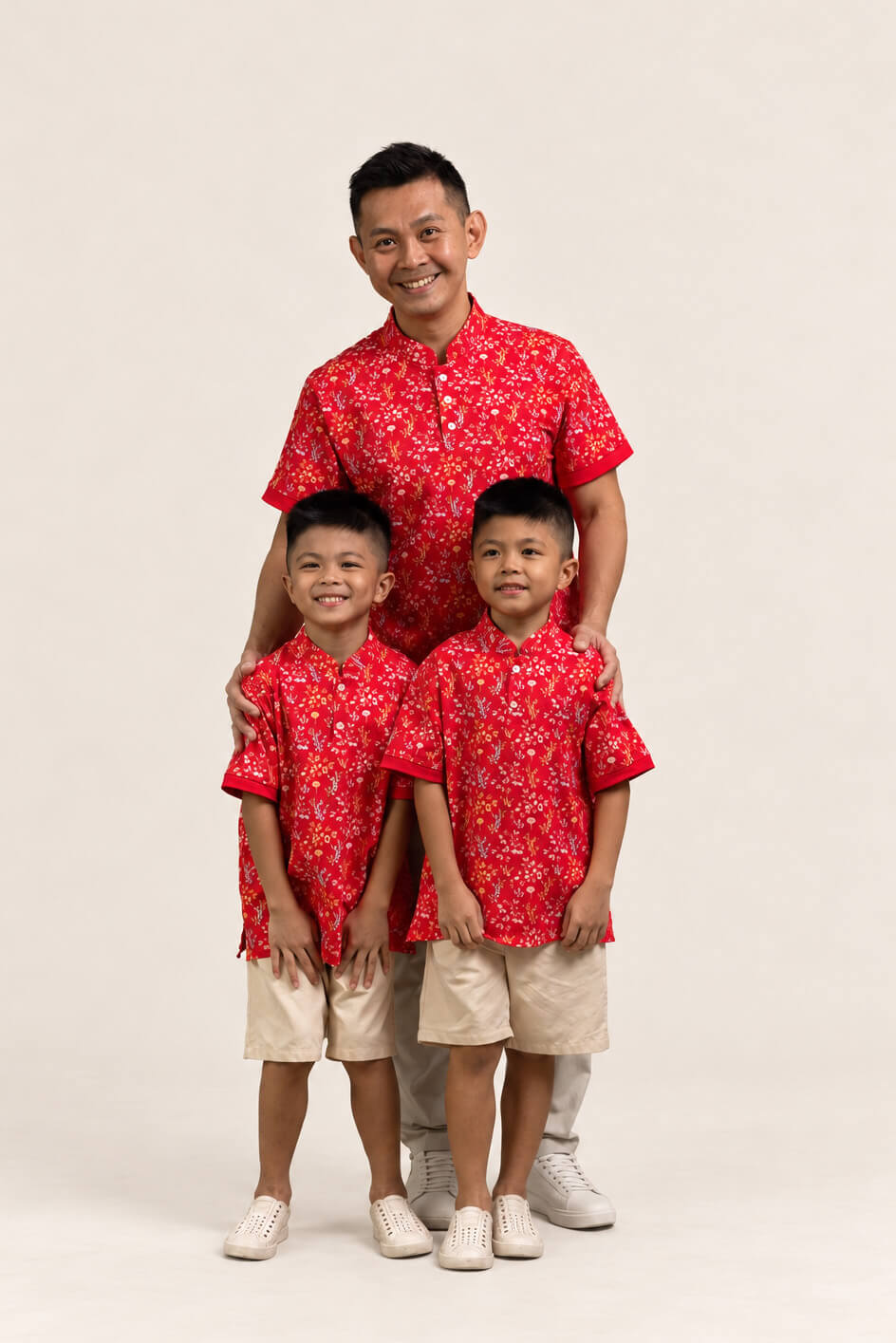 Men's Mandarin-collared Polo Tee - Red Floral Bamboo
