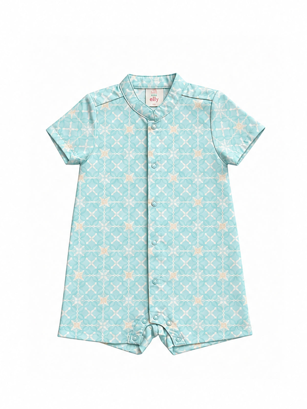 Mandarin-collared Romper - Teal Plaid Tiles