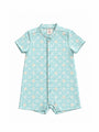 Mandarin-collared Romper - Teal Plaid Tiles