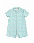 Mandarin-collared Romper - Teal Plaid Tiles