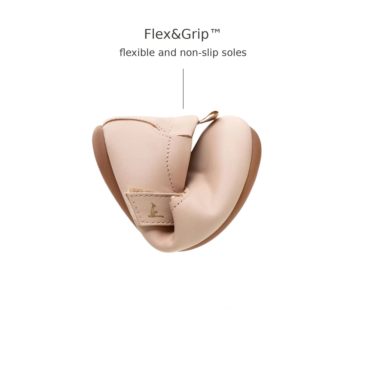 Tip Toey Joey Roundy Shoes in Papaya Cream / Metallic Salmon bending at the toe to show the flexible sole