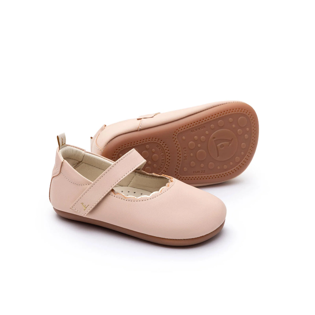 Pair of Tip Toey Joey Roundy Shoes in Papaya Cream / Metallic Salmon, baby first walker shoes