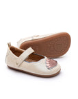 Pair of Tip Toey Joey Seashell Mary Janes in White Dream / Rose Gold / Metal Blue, baby first walker shoes