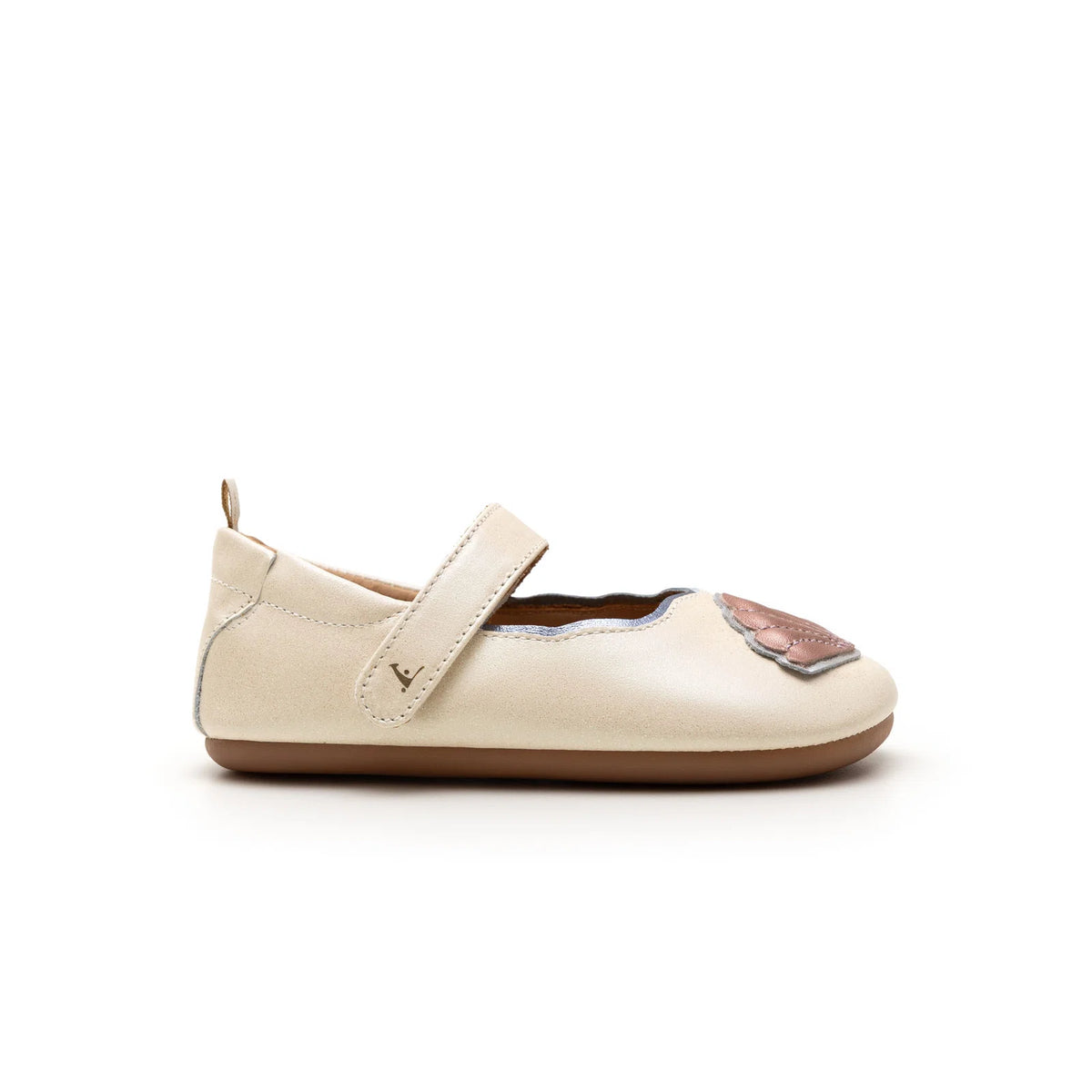 Side view of Tip Toey Joey Seashell Mary Janes in White Dream / Rose Gold / Metal Blue