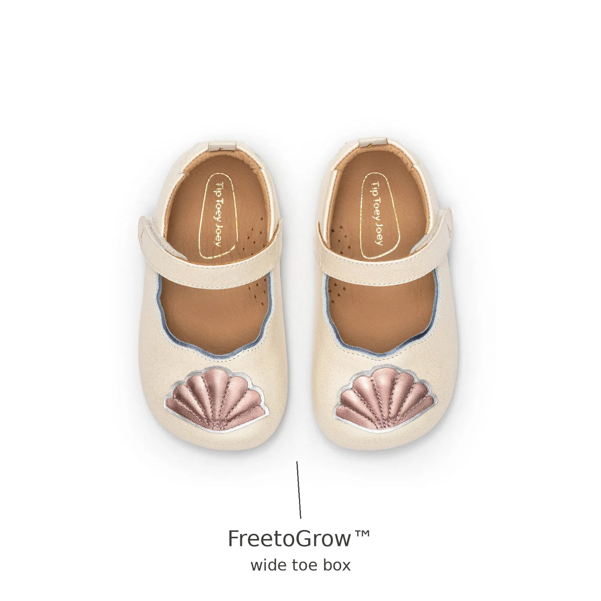 Top view of Tip Toey Joey Seashell Mary Janes in White Dream / Rose Gold / Metal Blue showing the wide FreetoGrow toe box