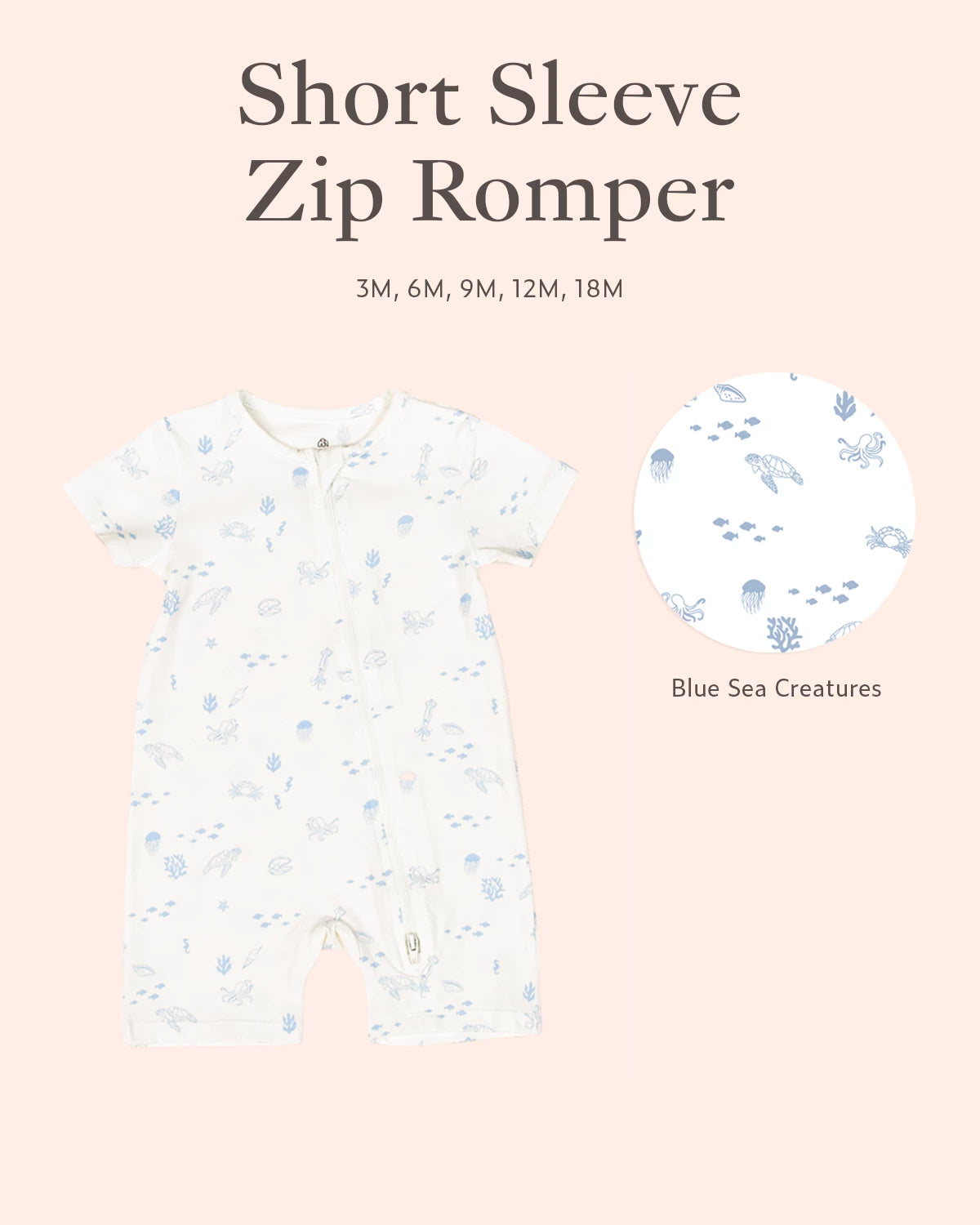 Short sleeve zip romper with blue sea creature pattern on a light pink background