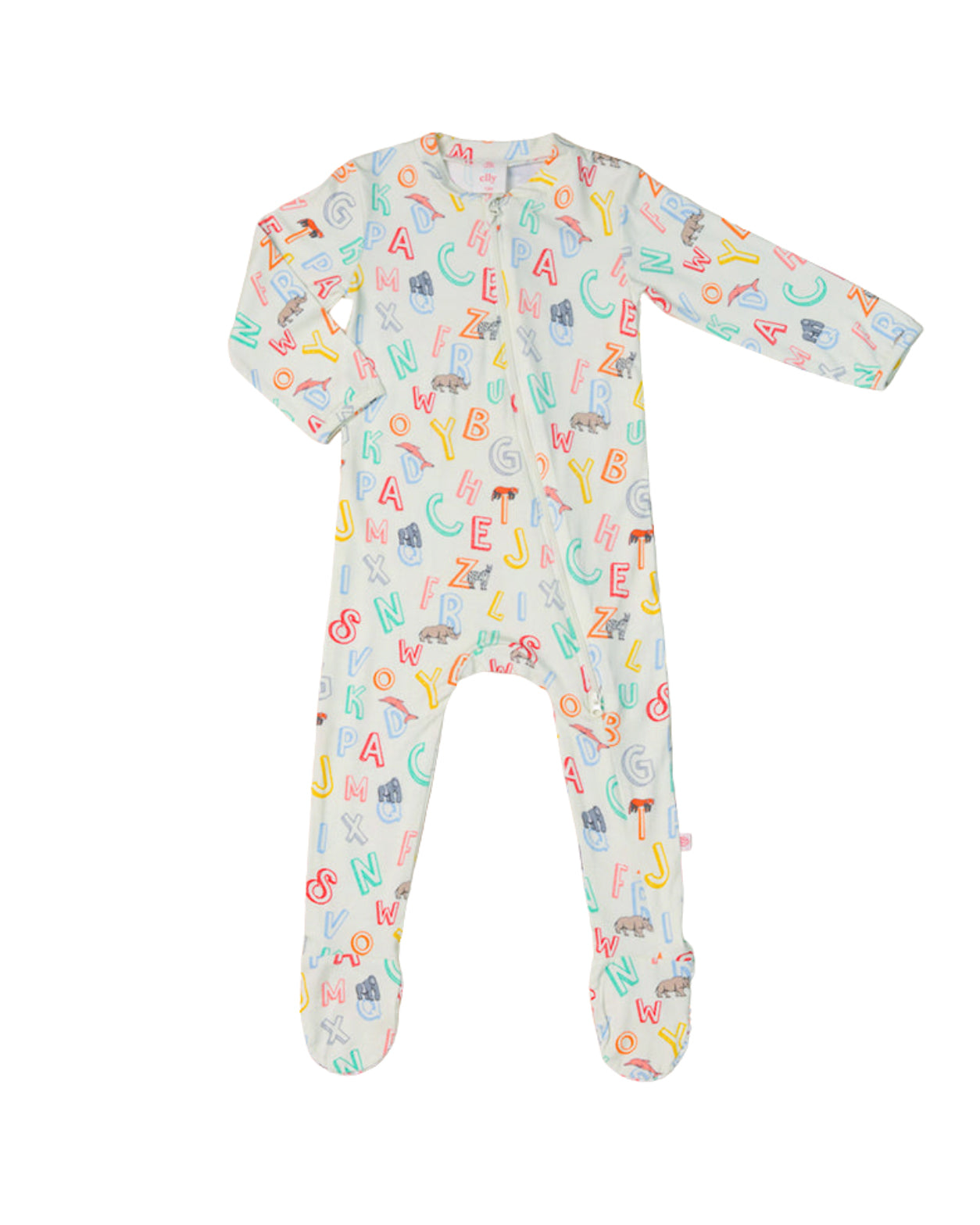A baby long-sleeve footed sleeper with a colourful alphabet print