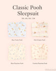 Classic Pooh Sleepsuits come in blue trains pooh, pink stripes pooh, blue playtime pooh and fuchsia playtime pooh options. 