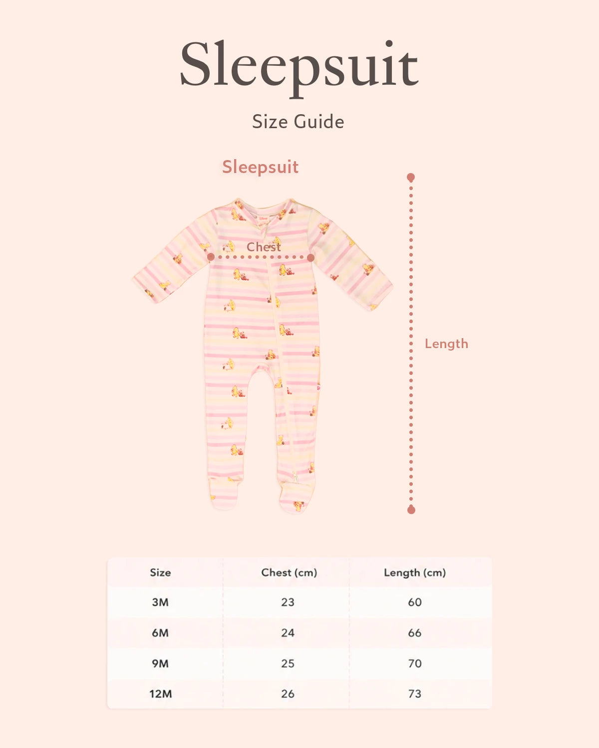 Sleepsuit size guide with measurements 