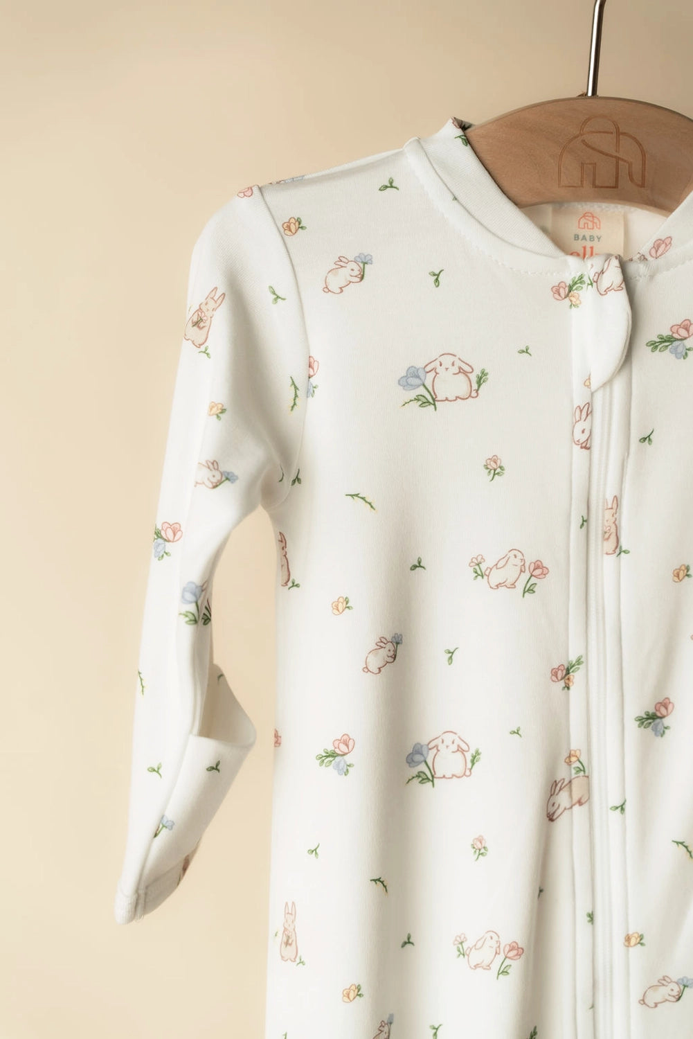Sleepsuit - White Floral Bunny closeup
