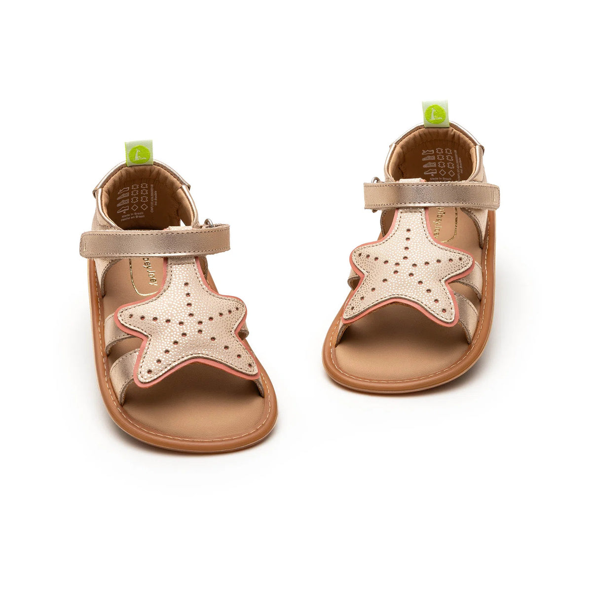 Sole and detail view of Tip Toey Joey Starfish Sandals in Metallic Salmon / Rosa Seco / Golden Sugar
