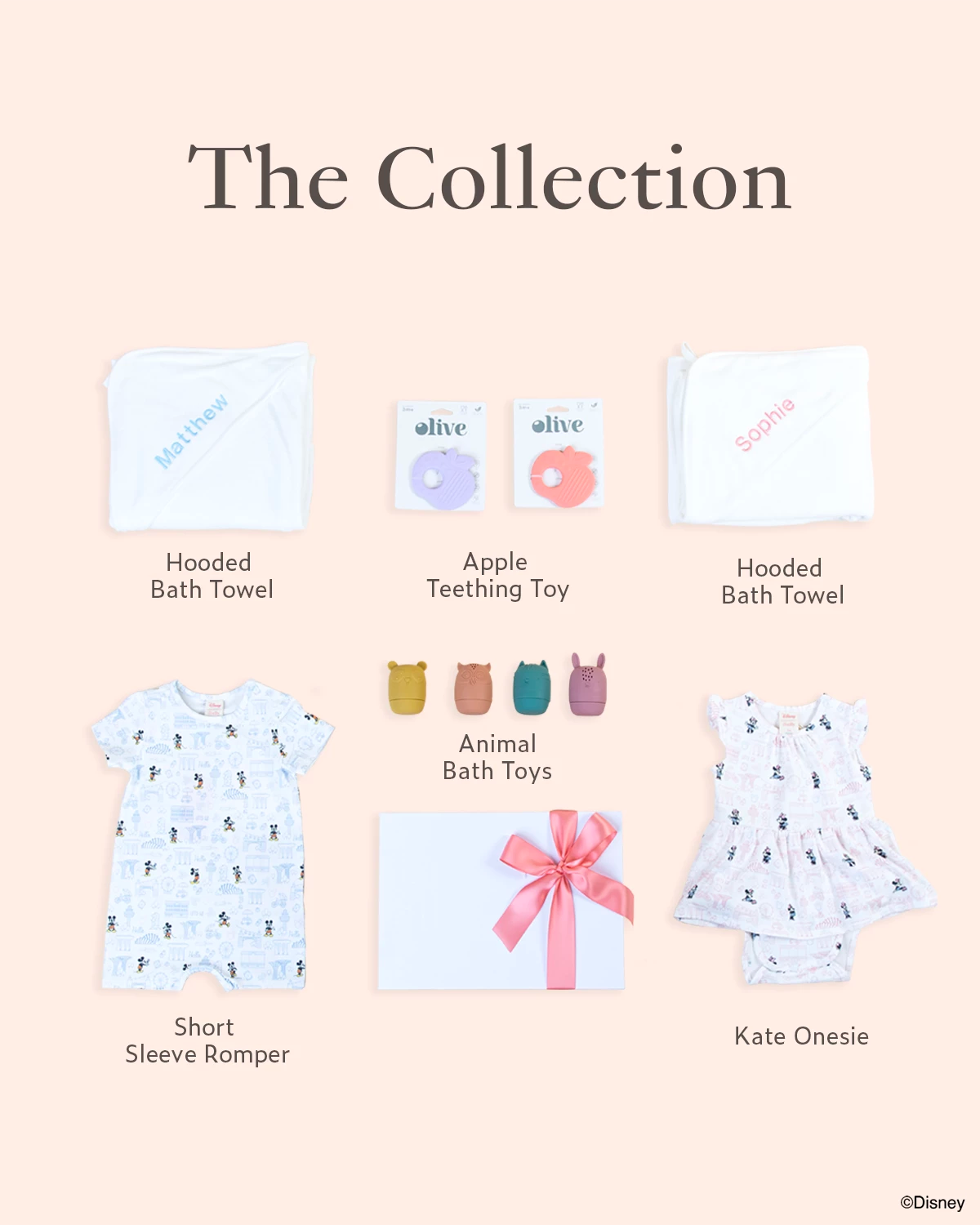 Collection of baby products including hooded bath towels, teething toy, bath toys, romper, and onesie 