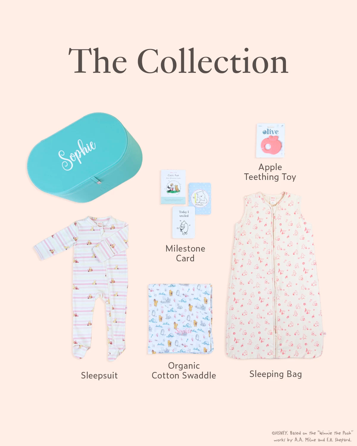 Baby product collection including a sleepsuit, organic cotton swaddle, sleeping bag, and teething toy on a beige background.