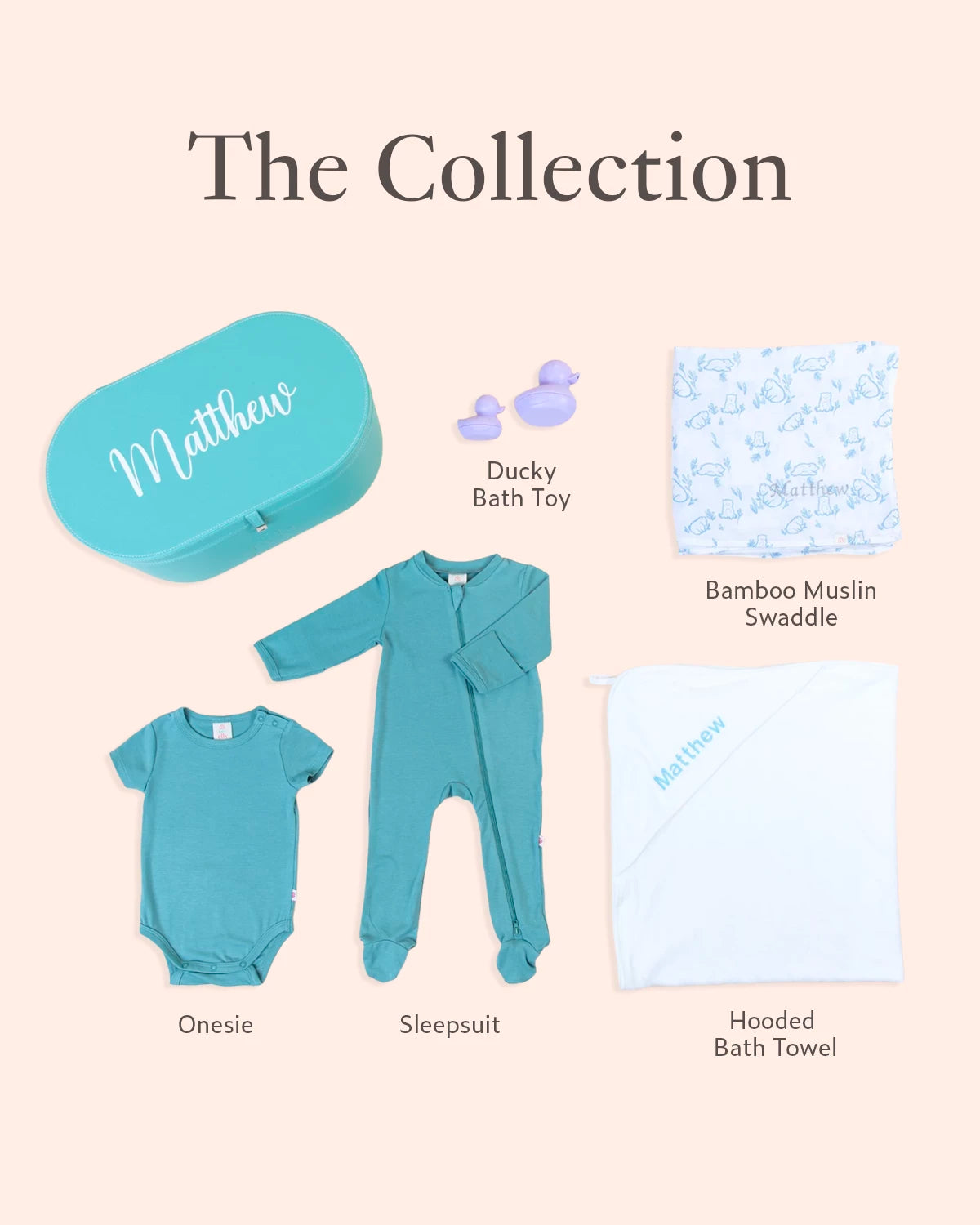 Collection of baby products including onesie, sleepsuit, bath toy, swaddle, and towel on a beige background.