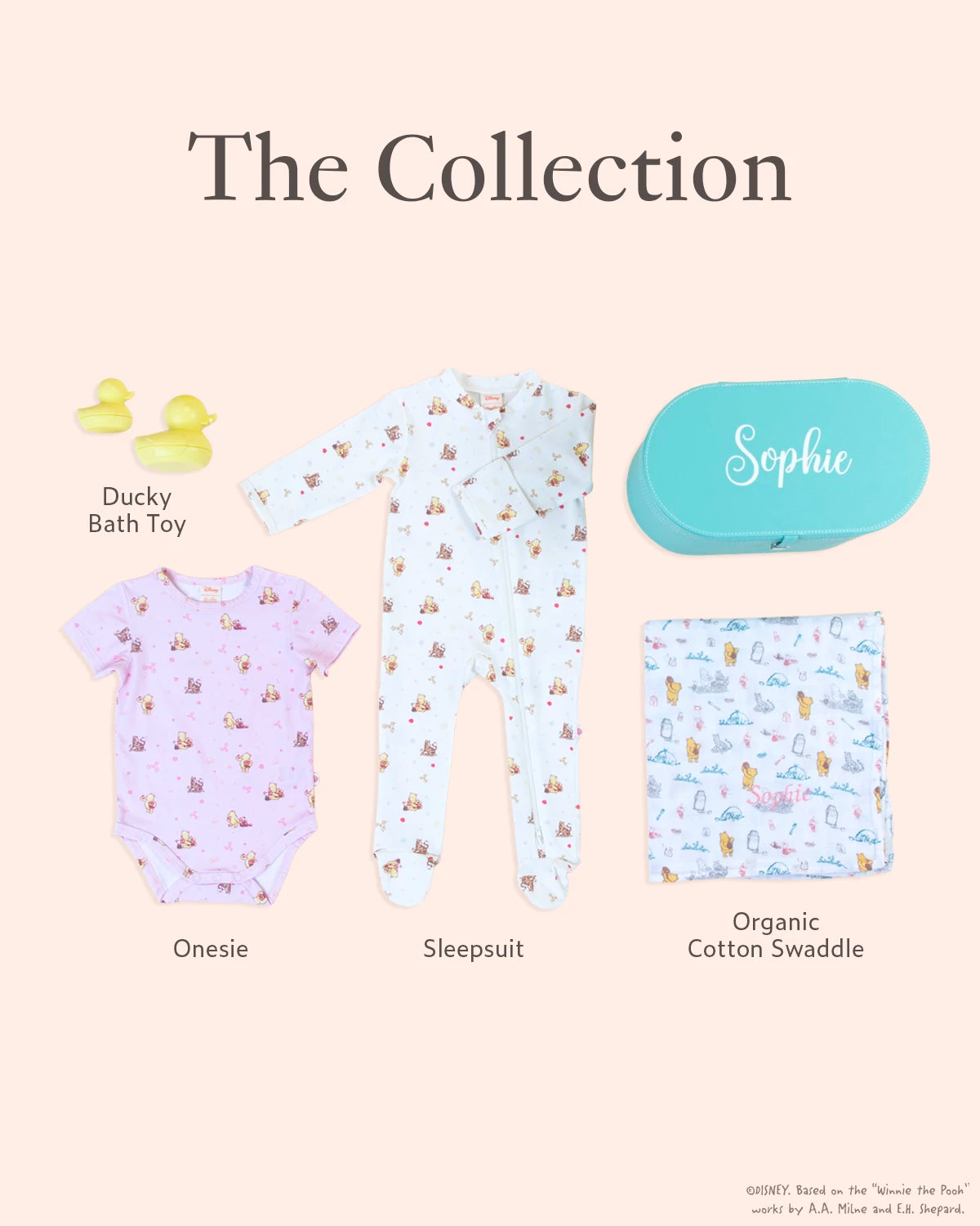 Deluxe baby gift set consist of ducky bath toys, onesie, sleepsuit and organic cotton swaddle 