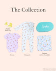 Deluxe baby gift set consist of ducky bath toys, onesie, sleepsuit and organic cotton swaddle 