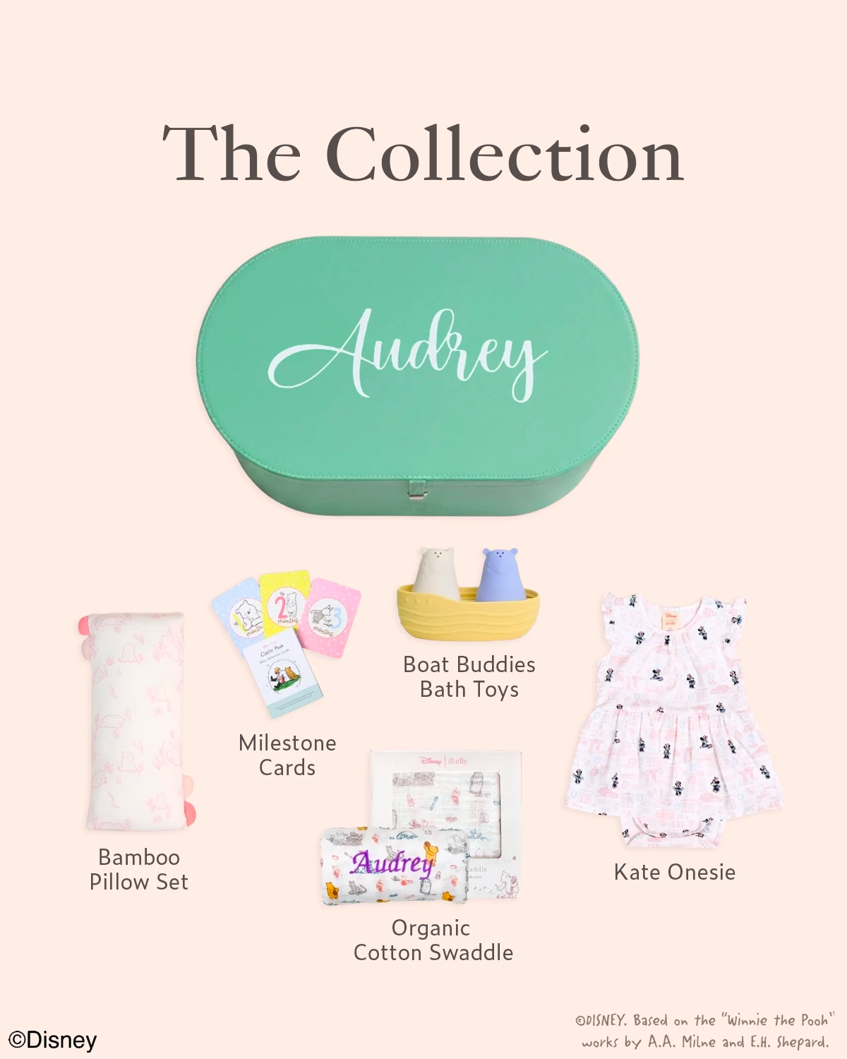 bamboo pillow set, milestone cards, boat buddies bath toys, organic cotton swaddle and kate onesie in turquoise gift box 