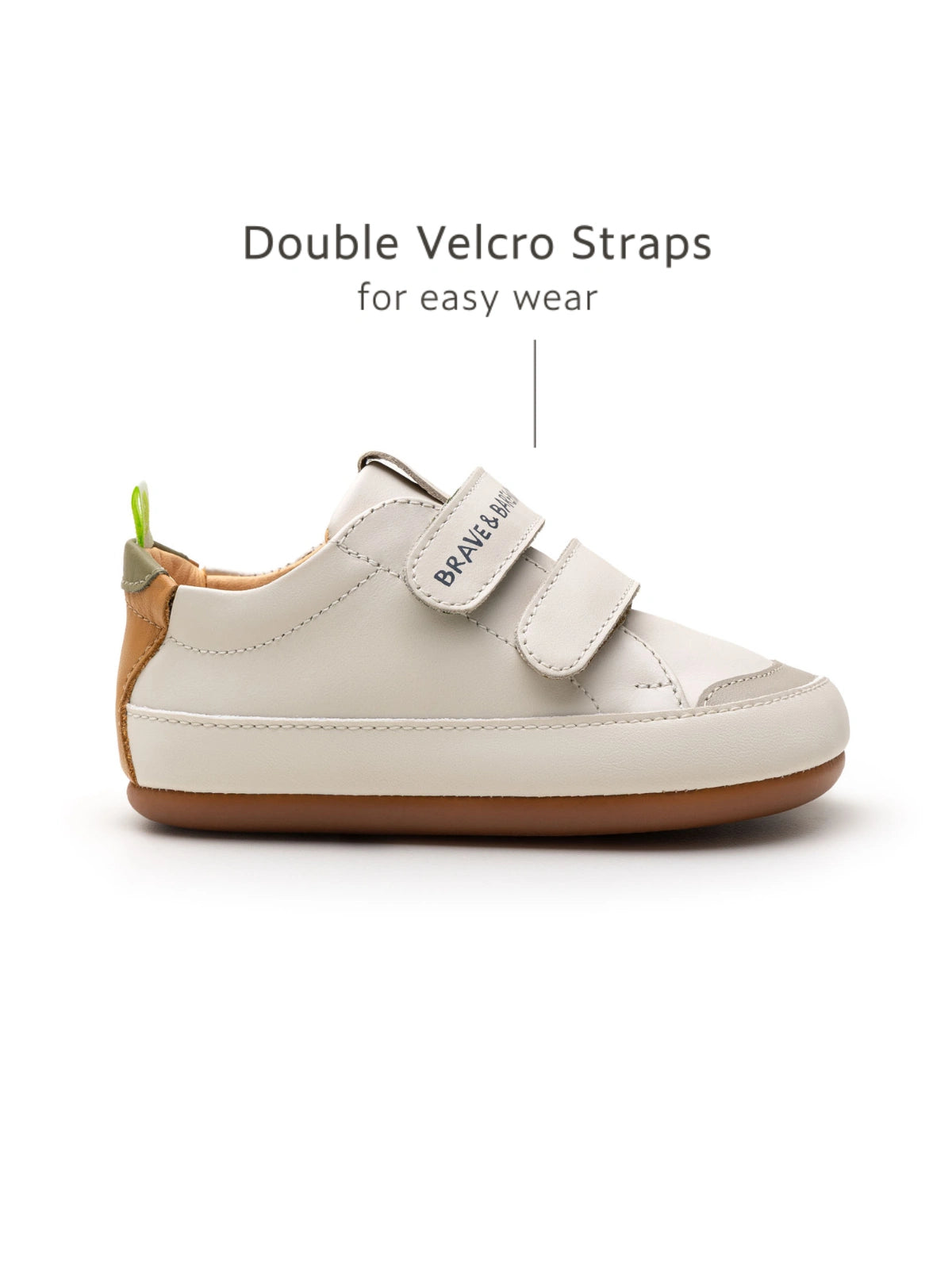 Side view of Tapioca baby sneaker highlighting the Double Velcro Straps for easy wear and adjustable fit.