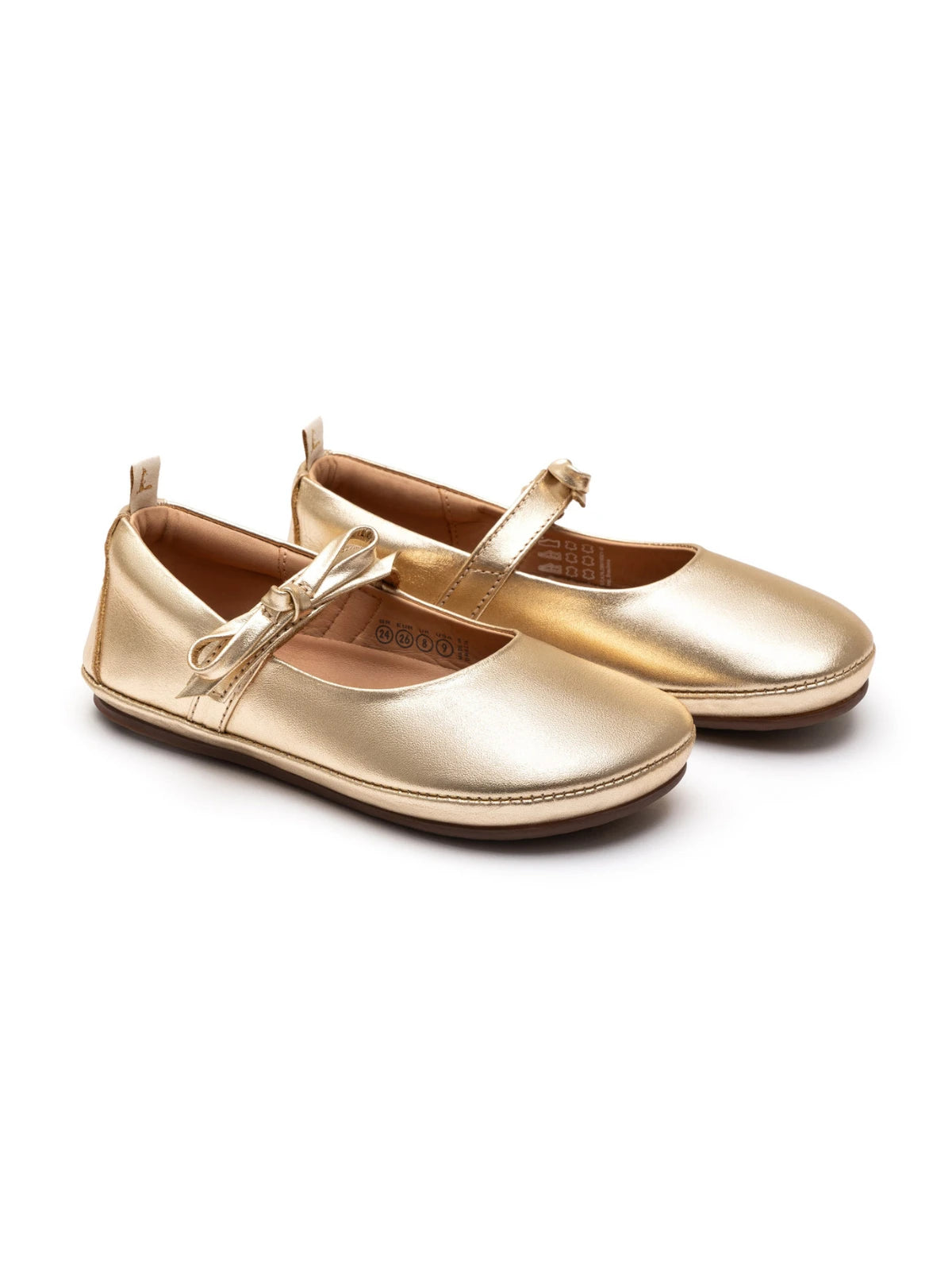 Tip Toey Joey Brigitte kids Mary Janes in metallic gold leather with a thin strap and flexible brown rubber soles.