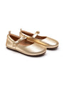 Tip Toey Joey Brigitte kids Mary Janes in metallic gold leather with a thin strap and flexible brown rubber soles.