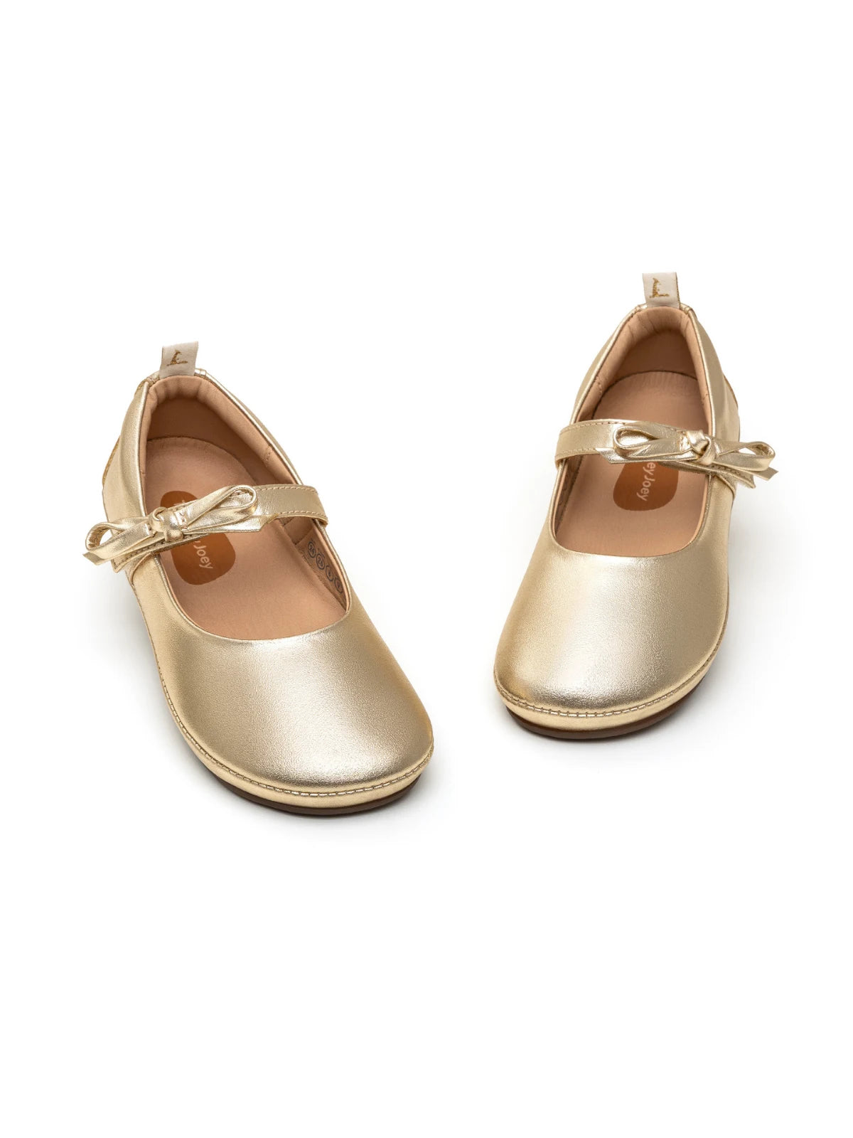 A pair of metallic gold leather Brigitte kids shoes angled to show the soft leather finish and comfortable lining.