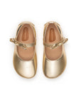 Top-down view of metal gold Brigitte Mary Janes highlighting the wide toe box and delicate strap detail.