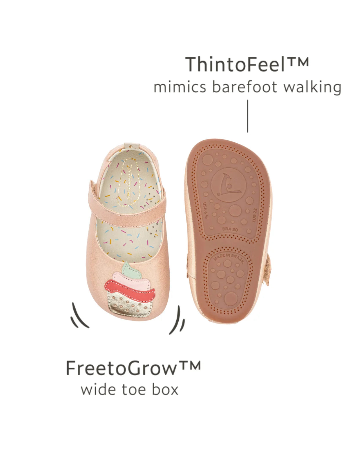 Diagram of FreetoGrow wide toe box and ThintoFeel sole for barefoot-style walking.
