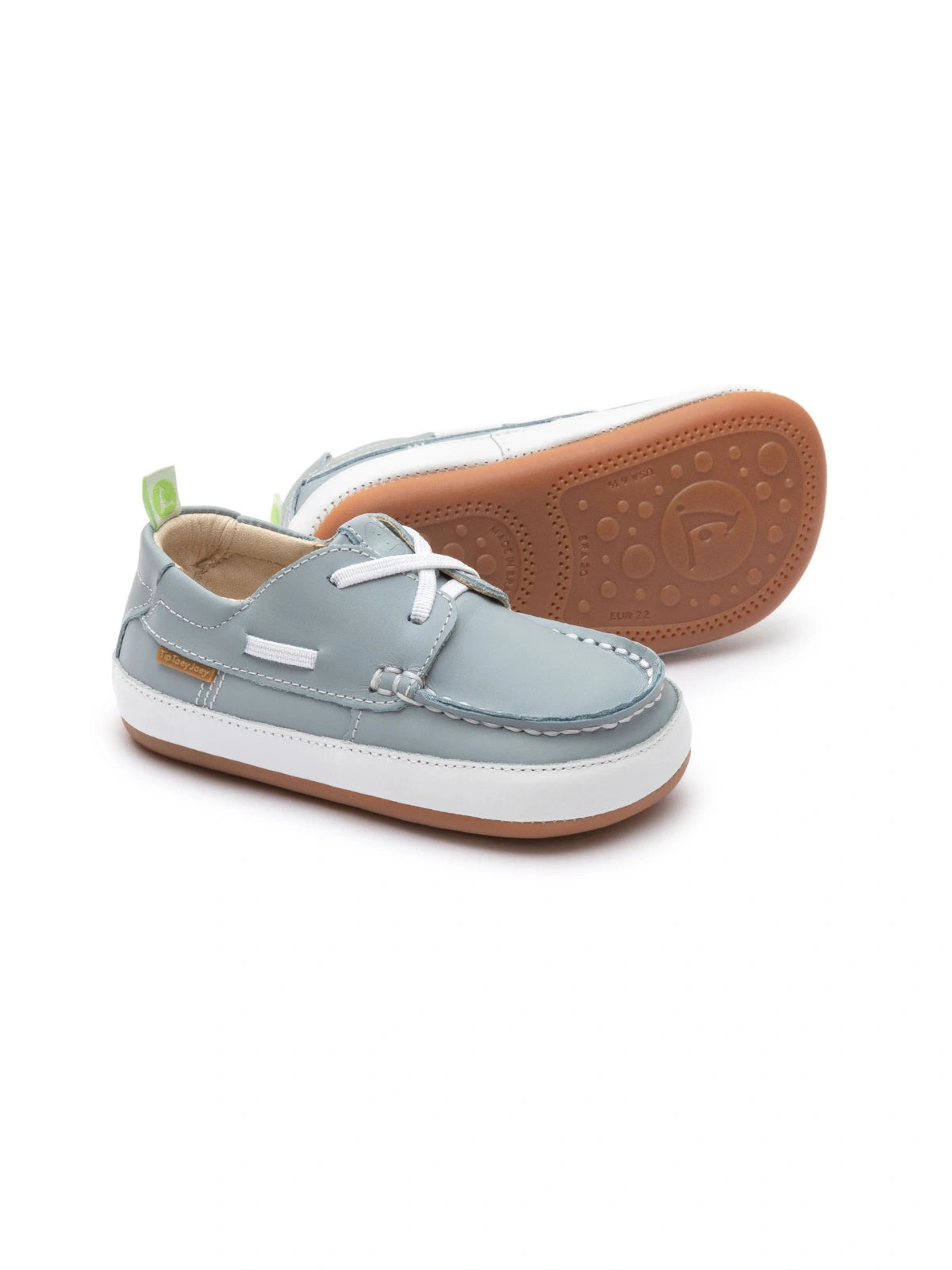 Baby Tide Blue leather boaty loafers with a classic moccasin toe and flexible rubber sole.