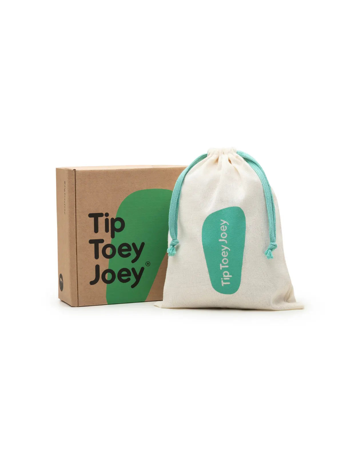 Tide Blue baby loafers displayed with the Tip Toey Joey gift box and signature cotton drawstring bag.