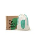 Tide Blue baby loafers displayed with the Tip Toey Joey gift box and signature cotton drawstring bag.