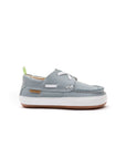 Side profile of the baby Tide Blue loafer showing the slim ergonomic flat sole and boat shoe silhouette.