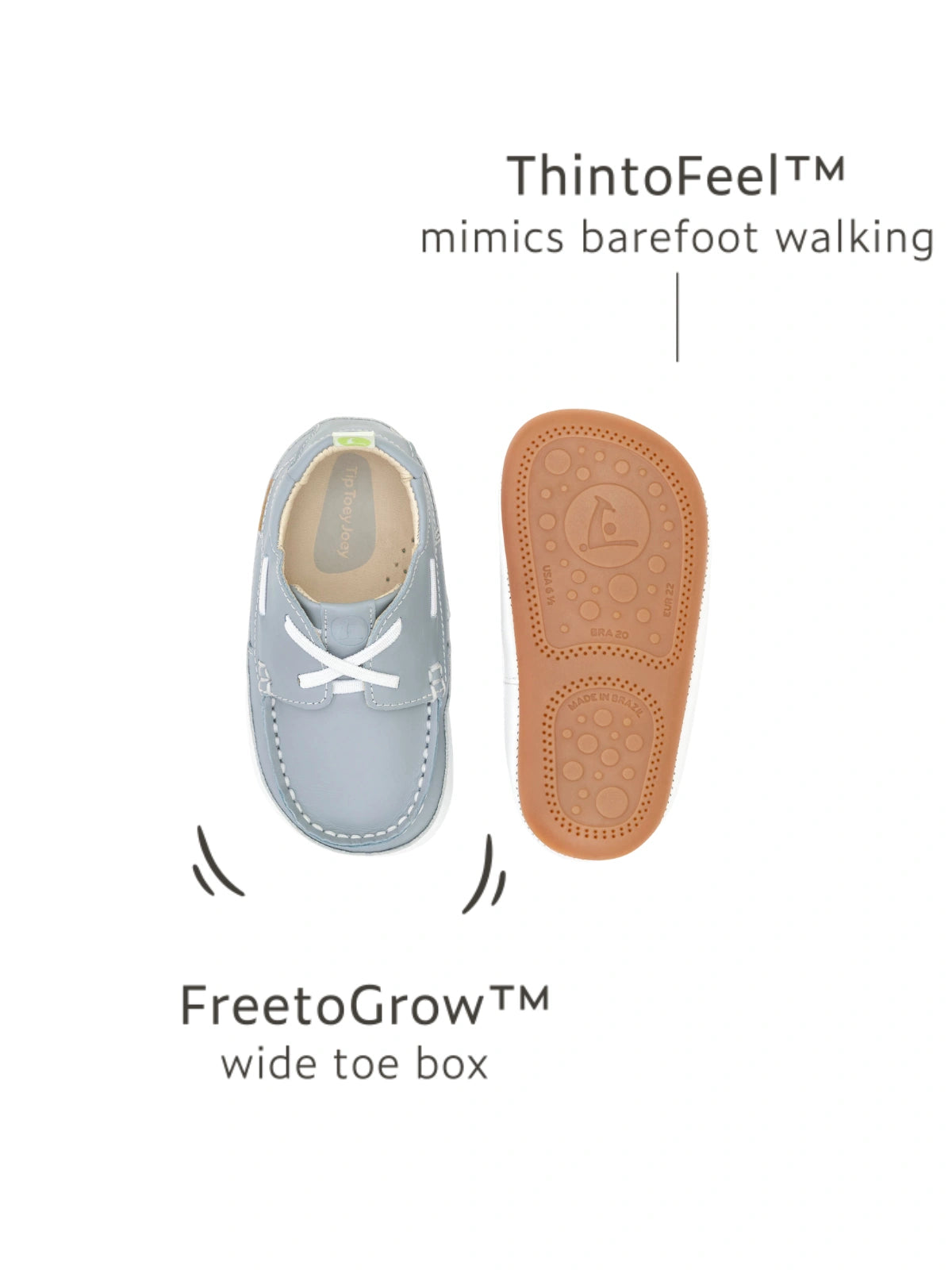 Top and bottom view of Tide Blue baby loafers highlighting the FreetoGrow toe box and ThintoFeel sole.