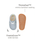 Top and bottom view of Tide Blue baby loafers highlighting the FreetoGrow toe box and ThintoFeel sole.