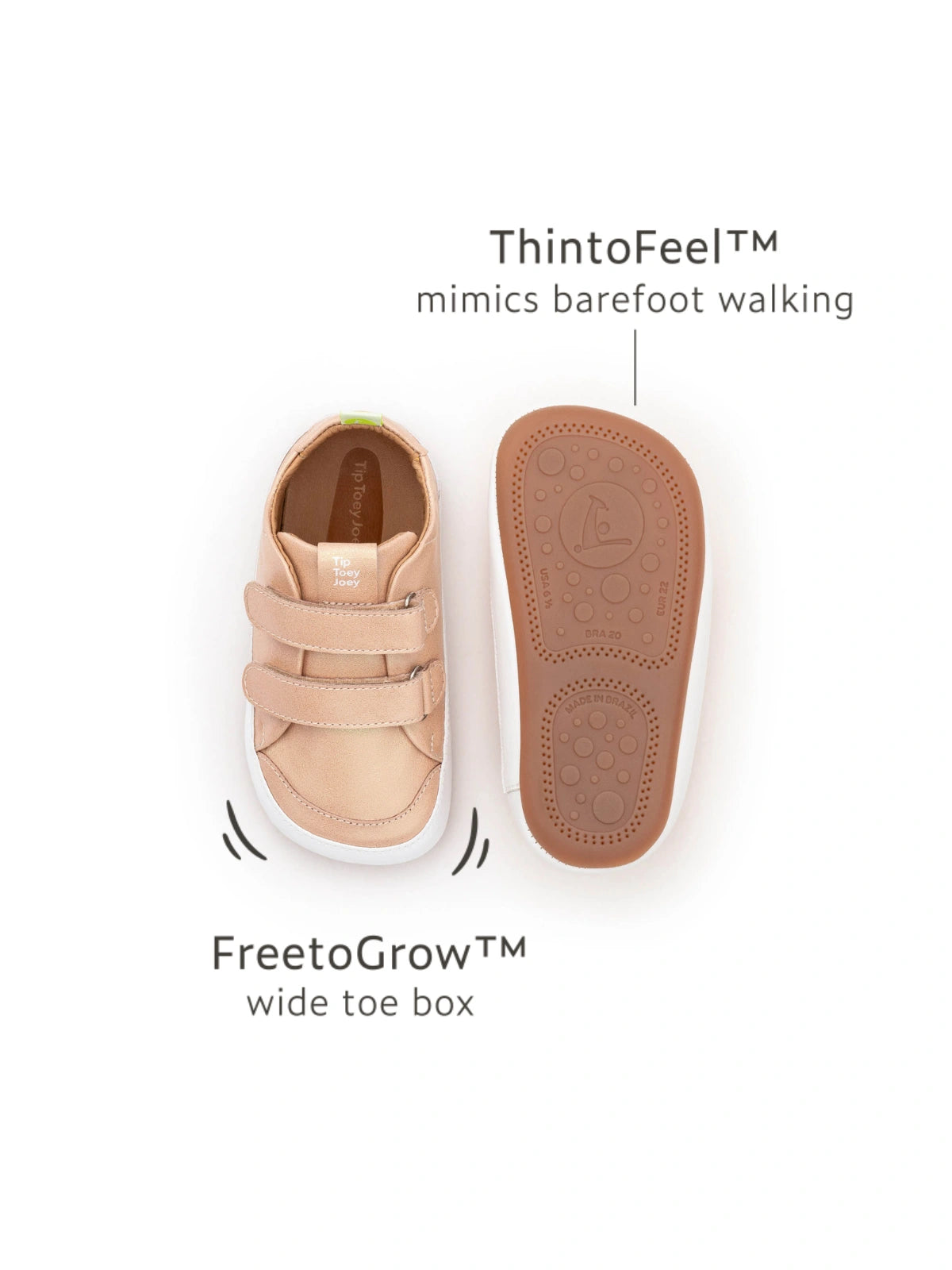 Front and bottom view of candy dream baby sneakers highlighting the wide toe box and flexible gum sole.