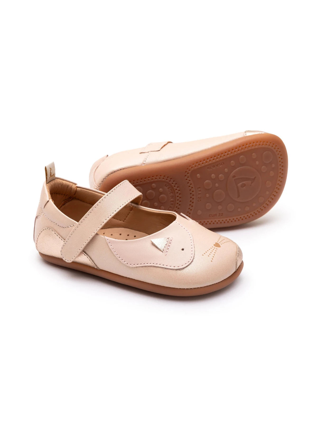 Candy dream pink leather baby Mary Janes featuring a cute kitten face design on the toe and a flexible rubber sole.