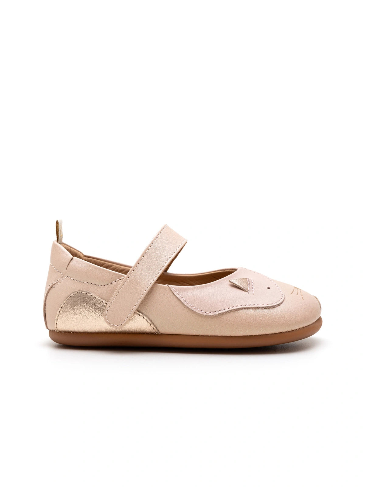 Side view of the candy dream kitten baby shoe, highlighting the premium leather finish and slim, flat ergonomic sole.