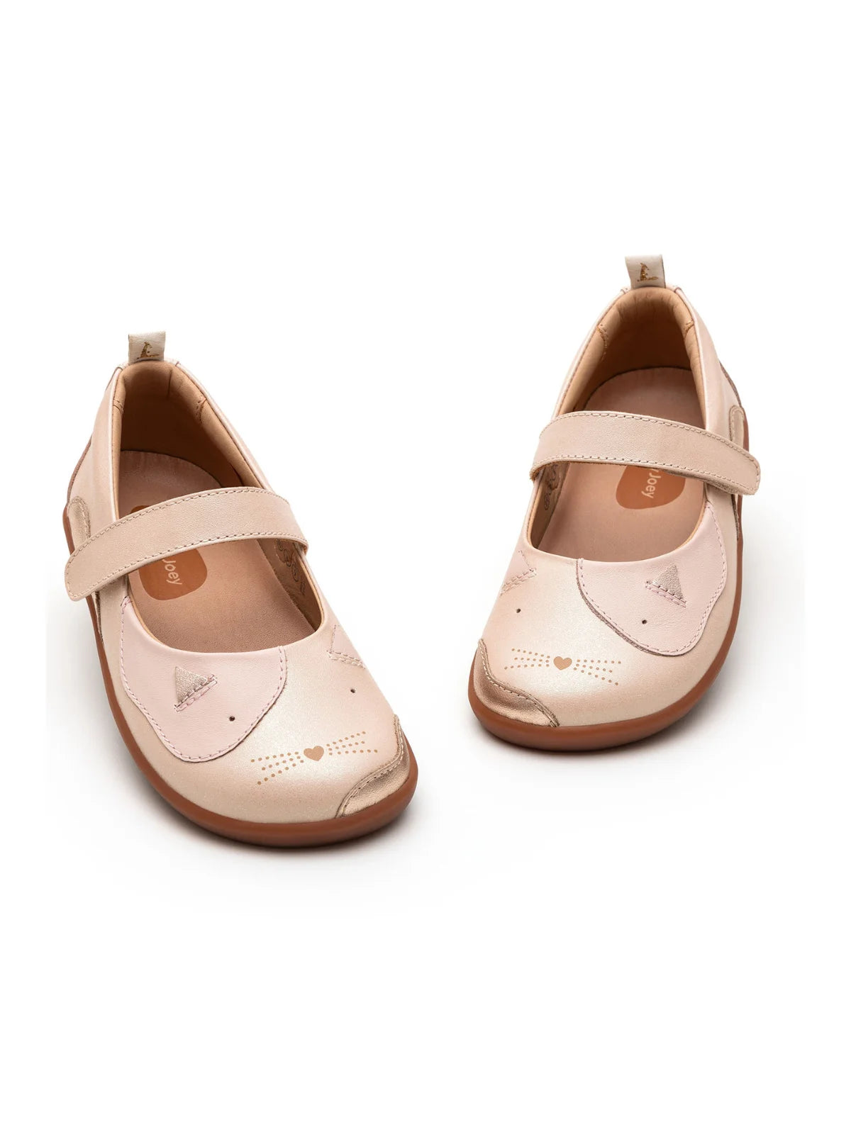 Front view of kids kitten-themed Mary Janes in candy dream pink, featuring playful cat ear details and a comfortable wide toe box.