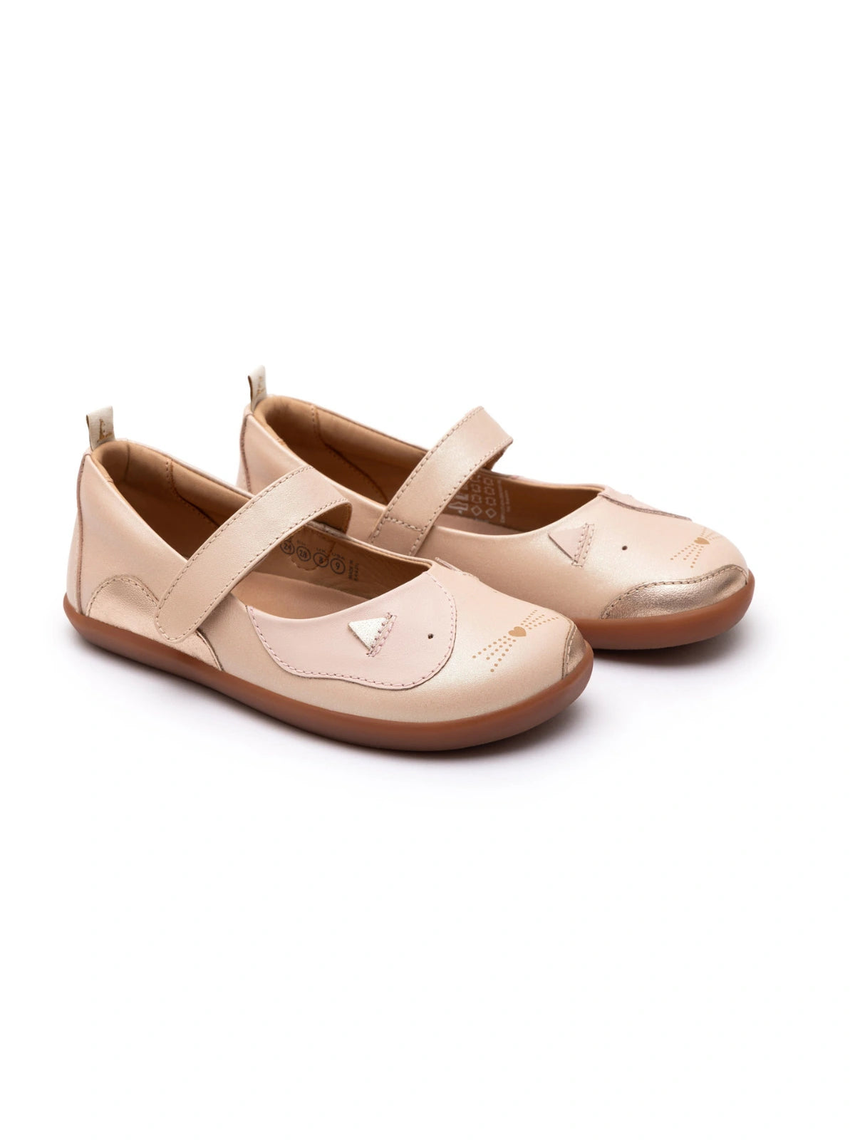 Candy dream pink leather kids Kitten Mary Janes with a whimsical cat face design and durable rubber sole.